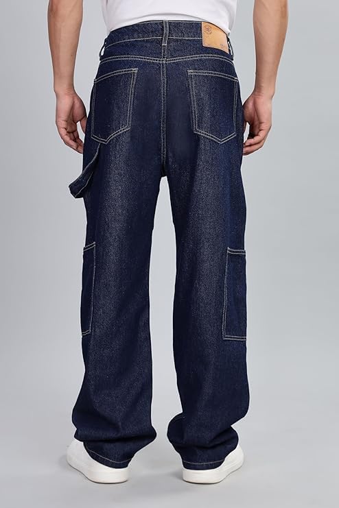 Inkd MenS Cargo Carpenter Baggy Jeans  Mid-Rise | 100% Cotton | Contrast Stitch| 6 Pocket Styling | Baggy Jeans For Man | Cargo