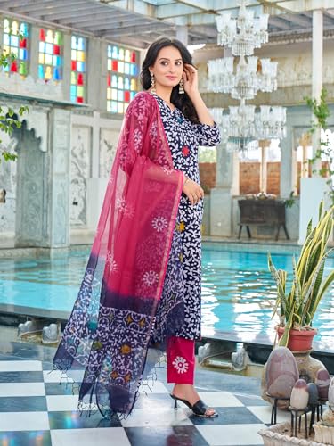 ANNI DESIGNER Womens Cotton Blend Straight Printed Kurta with Pant & Dupatta (Khara Blue-NDS_M_Blue_Medium)