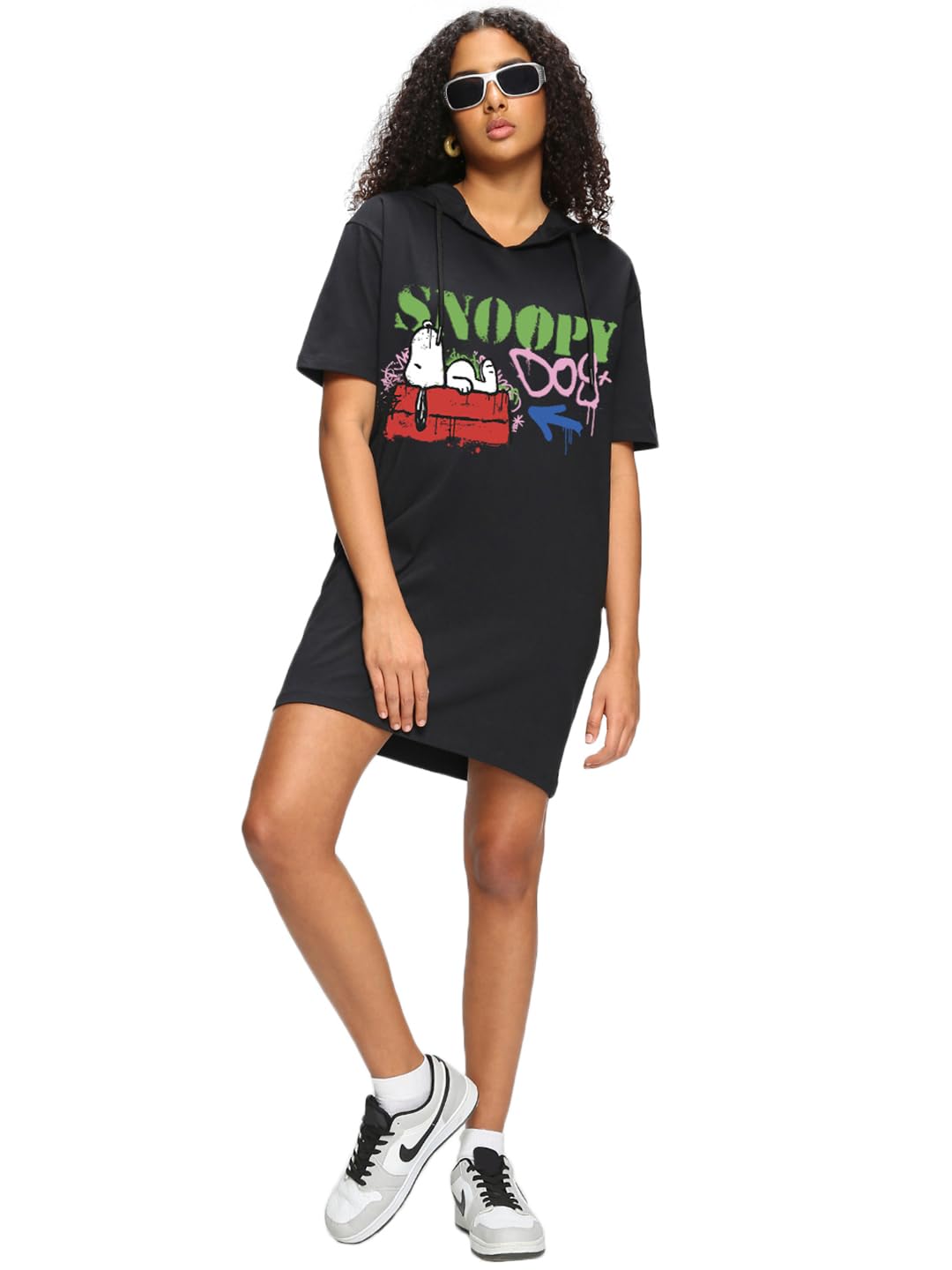 Bewakoof Official Peanuts Merchandise WomenS Graphic Printed Oversized Fit Half Sleeve Cotton Jersey Hoodie Dress 624487 Black L