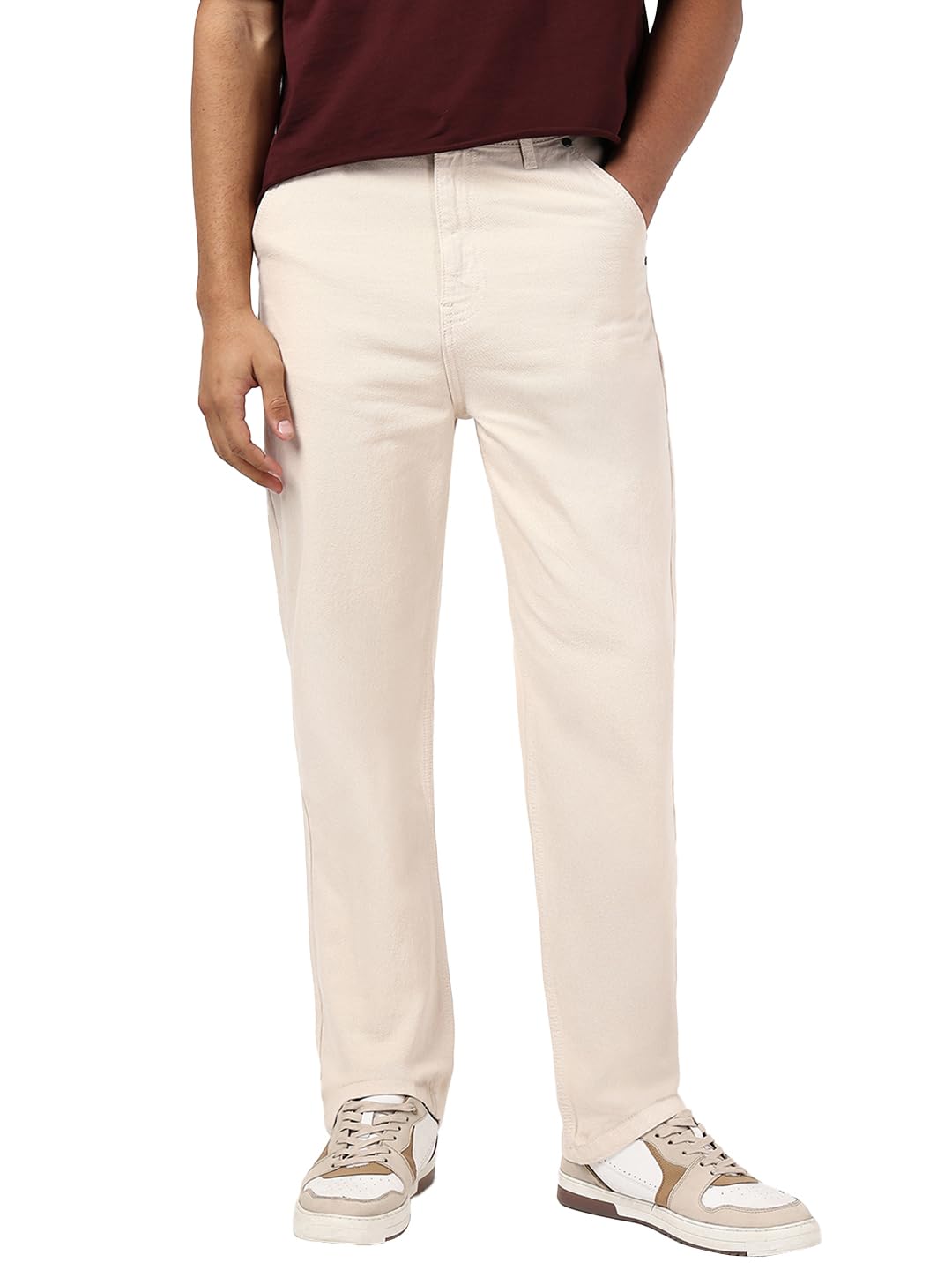 Bewakoof Mens Solid Straight Fit Cotton Jeans_681865_Beige_32