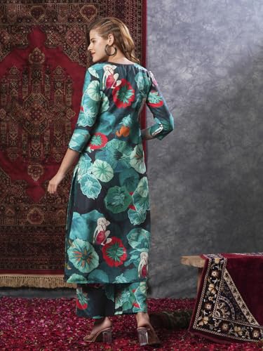 ANNI DESIGNER Womens Cotton Blend Straight Printed Kurta with Palazzo (Reena Green_S_Green_Small)
