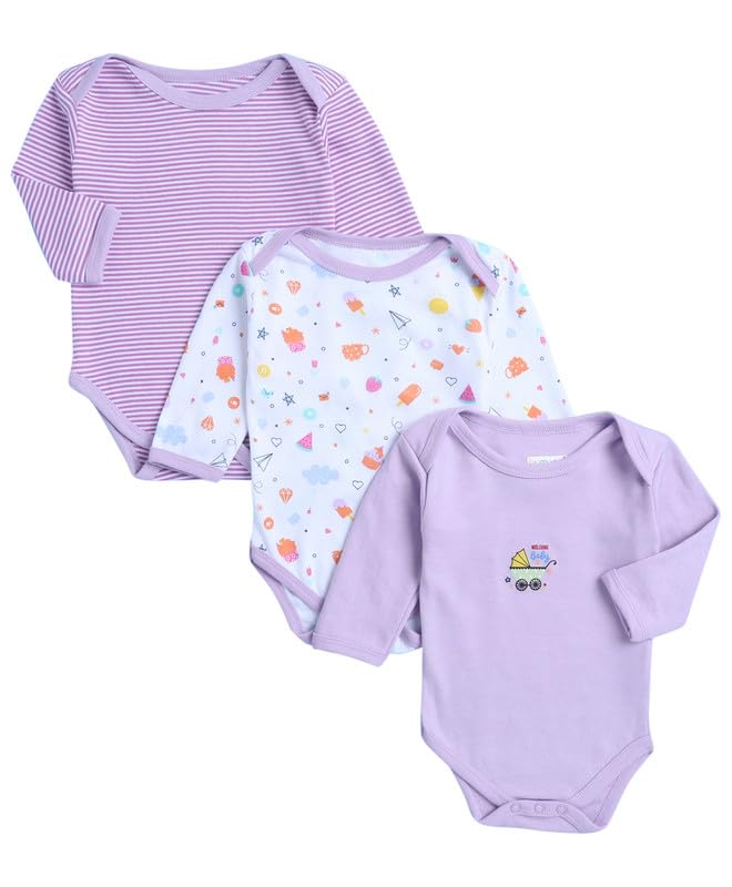 BUMZEE Lavender & White Baby Girls Full Sleeves Cotton Bodysuit/Onesies Pack Of 3 Age - New Born (Peb9945A-lvd.wht)