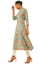 Soch Womens Beige & Green Linen Floral Printed Kurta With Lace Details