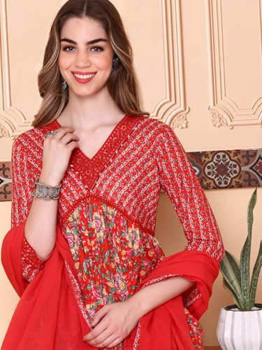 Ishin V-Neck Floral Printed Empire Pure Cotton A-Line Kurta With Trousers & Dupatta | Kurta Set For Women | Kurta With Trousers And Dupatta