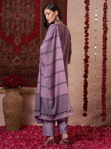 ANNI DESIGNER Womens Rayon Viscose Solid Straight Kurta with Pant & Dupatta (Raja Saab Purple-VKS14_L_Purple_Large)