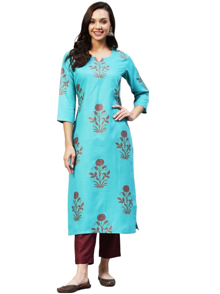 Gosriki Women'S Cotton Blend Printed Straight Kurta With Pant (Team-Sky_L-Go_Sky Blue_Large)