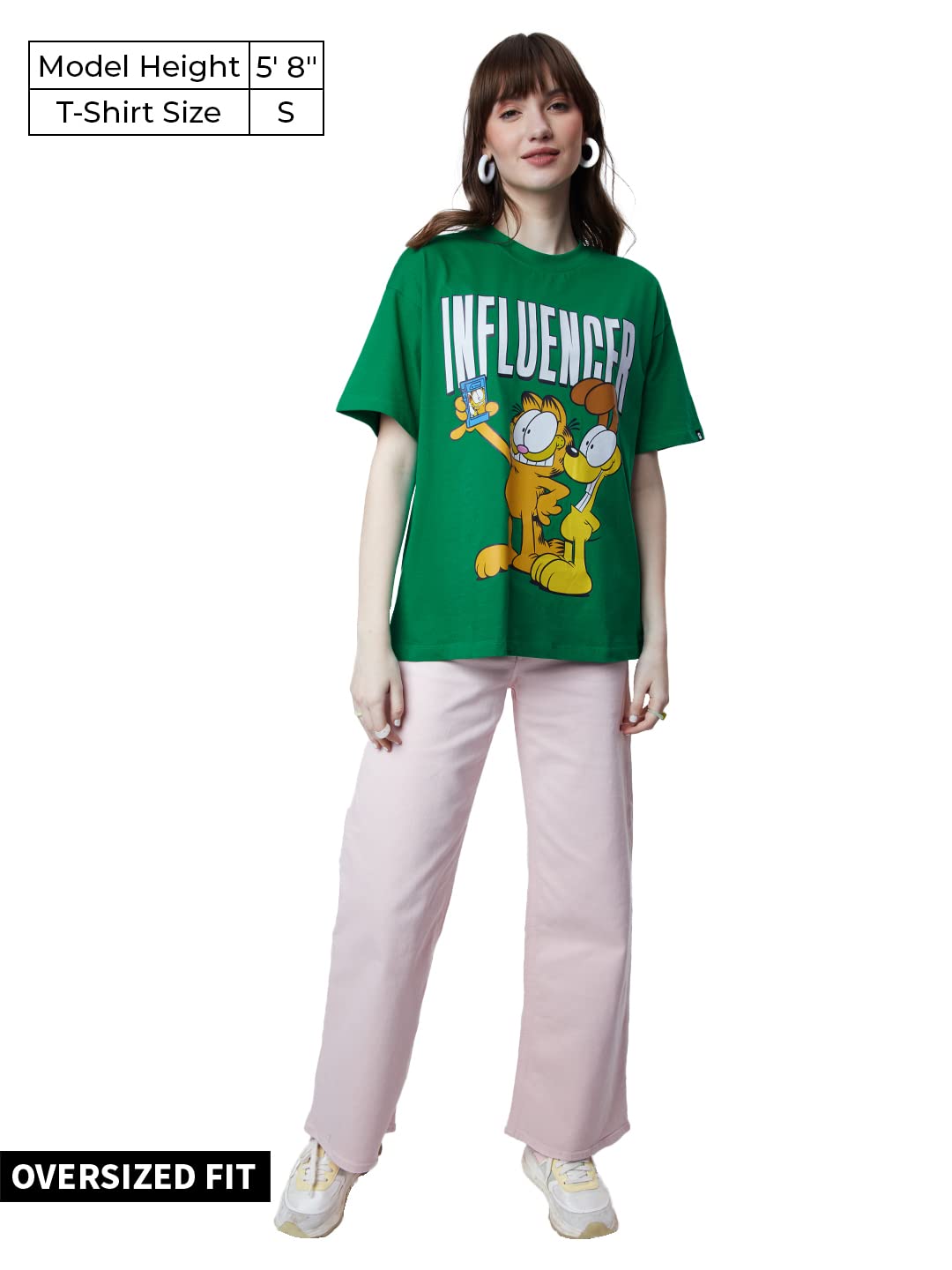The Souled Store Official Garfield: Influencer Women and Girls Short Sleeves Round Neck Green Graphic Printed Cotton Oversized T