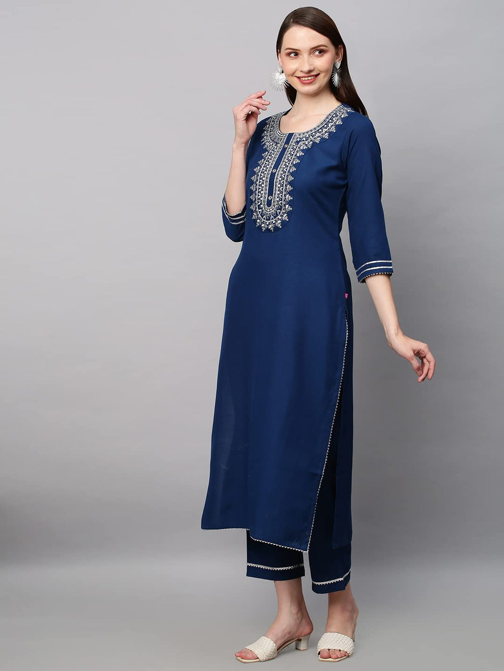 ANNI DESIGNER Womens Cotton Blend Straight Embroidered Kurta with Pant & Dupatta Set (Dhati Kerosin_XL_Dark Blue_X-Large)