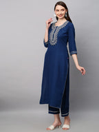 ANNI DESIGNER Womens Cotton Blend Straight Embroidered Kurta with Pant & Dupatta Set (Dhati Kerosin_S_Dark Blue_Small)