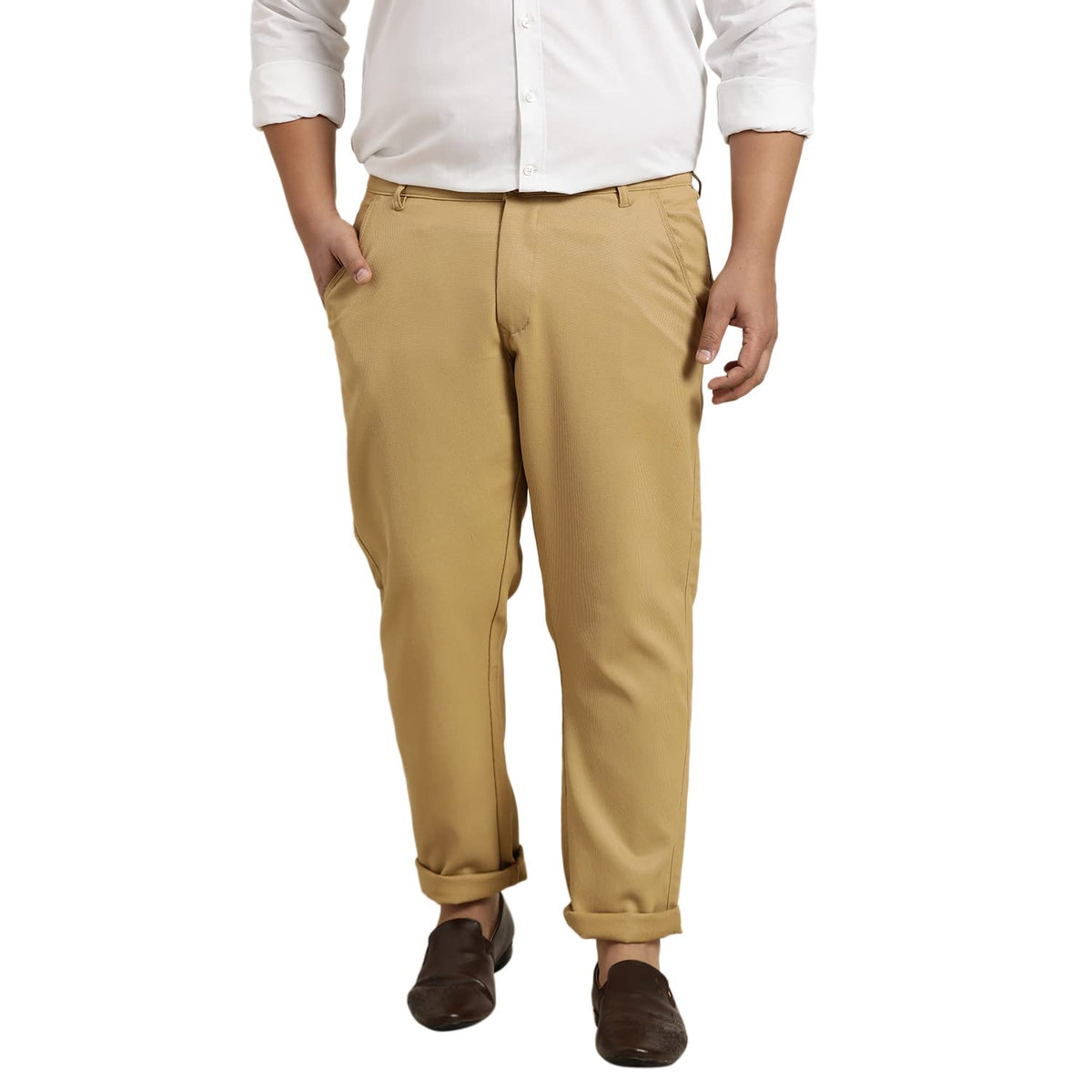 SOJANYA Plus (Since 1958) Mens Cotton Blend Khaki Woven Design Trousers, Size: 40