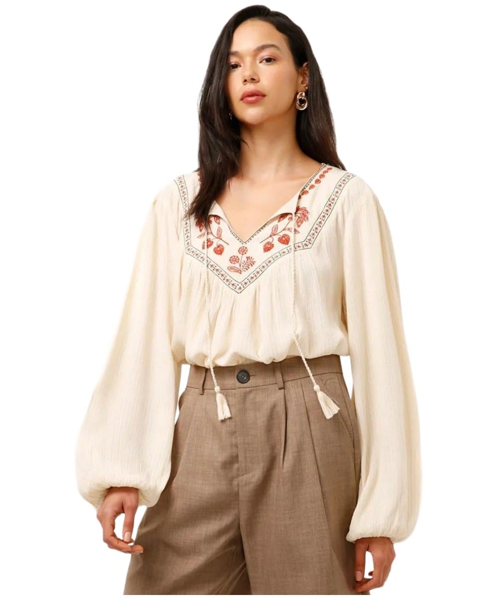 ANNI Designer Womens Tops Rayon Viscose Floral Embroidery Top for Women (Bilas Cream_XL_Cream_X-Large)