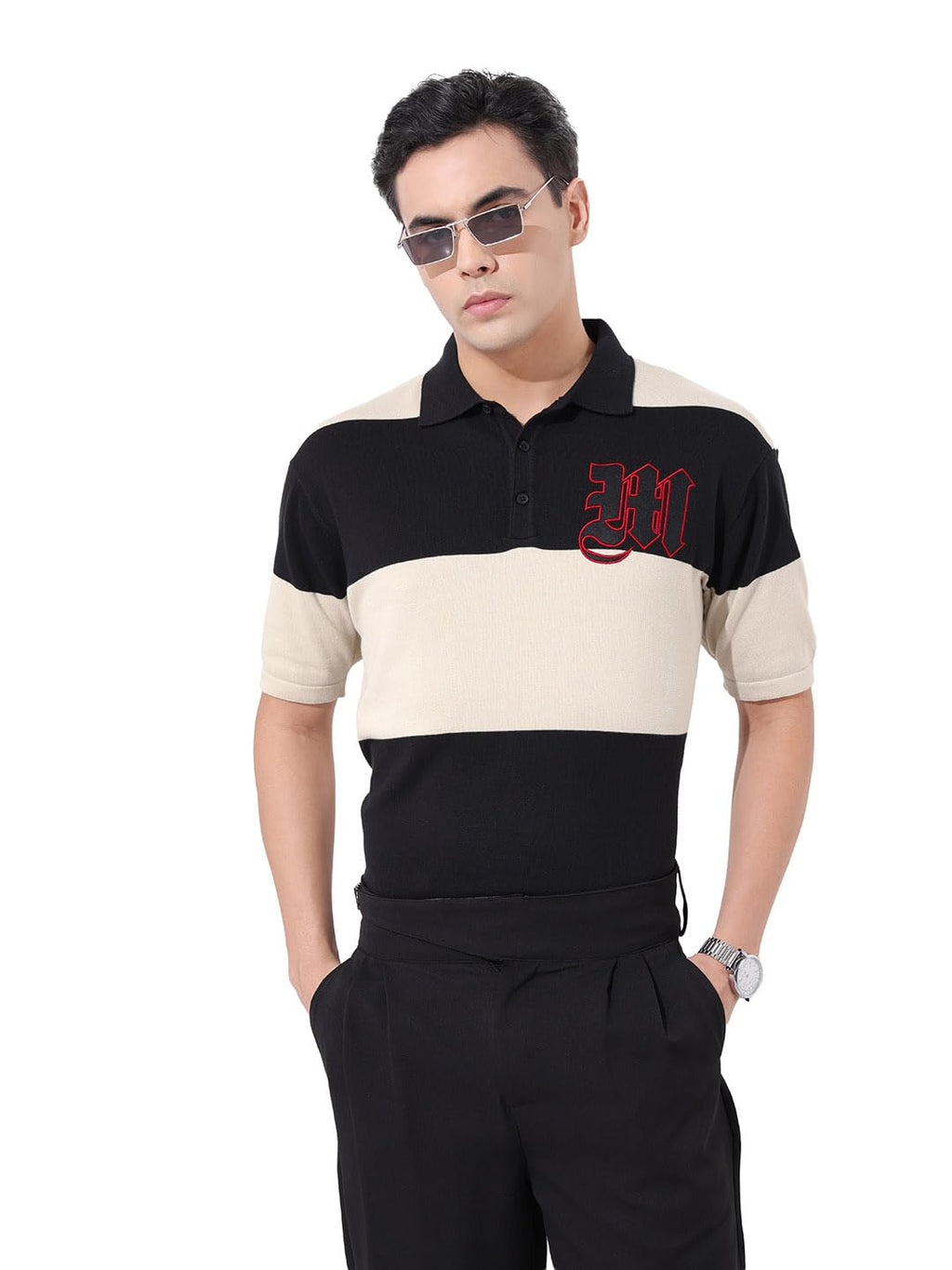 The Indian Garage Co Mens Oversized Textured Half Sleeves Collar Neck Sweater
