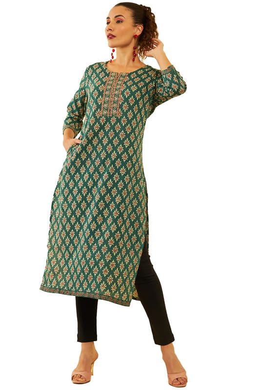 Soch Women Cotton Ajrak Printed Straight Kurta with Embroidery Details