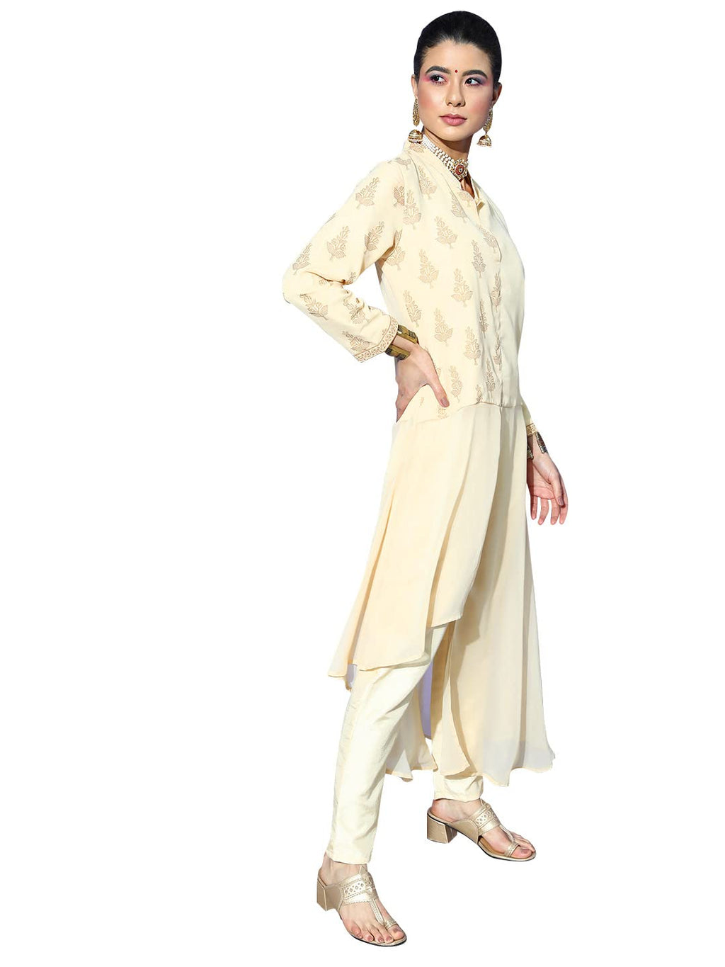 Ziyaa Women'S Cream Georgette Asymmetric Kurta And Pant Set(Zikugr3757Andpa)