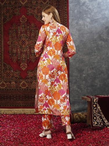 ANNI DESIGNER Womens Cotton Blend Straight Printed Kurta with Pant (Samlok Pink_S_Pink_Small)