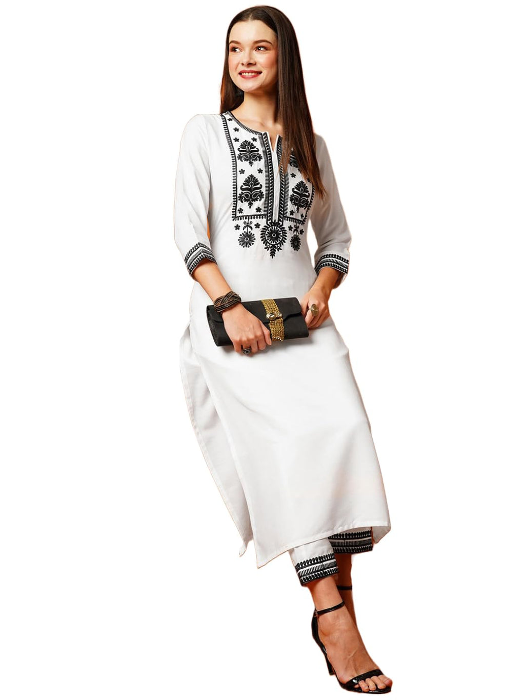 ANNI DESIGNER Women's Cotton Blend Straight Embroidered Kurta with Pant (DOTD-White-NG_XXL_White_XX-Large)