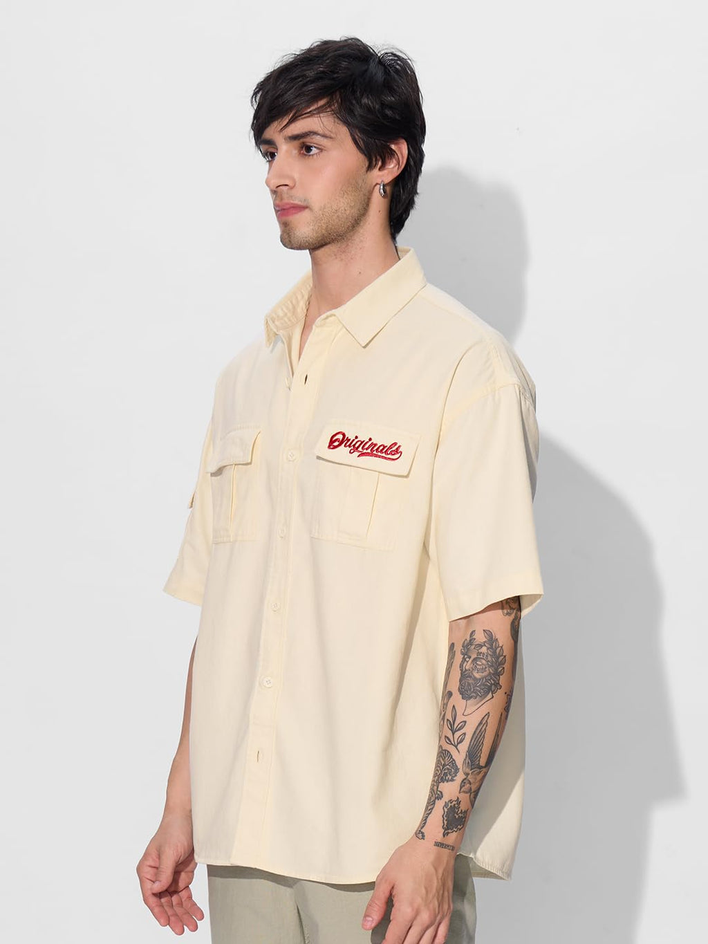 The Souled Store Solids: Classic Off-White Men and Boys Short Sleeves Collared Neck Button Front Cotton Oversized Shirts