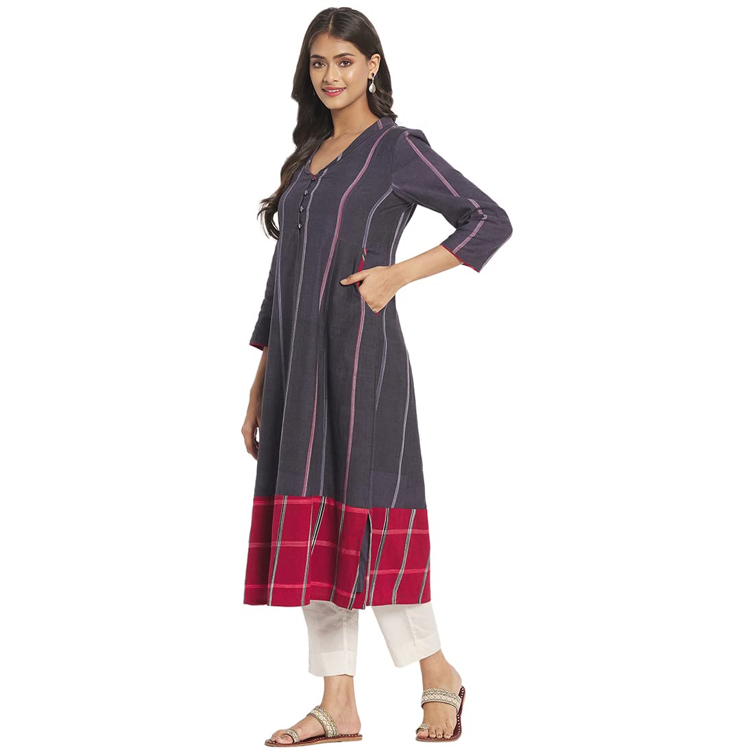 Fabindia Women Raised Neck Medium Kurta Cotton_Charcoal