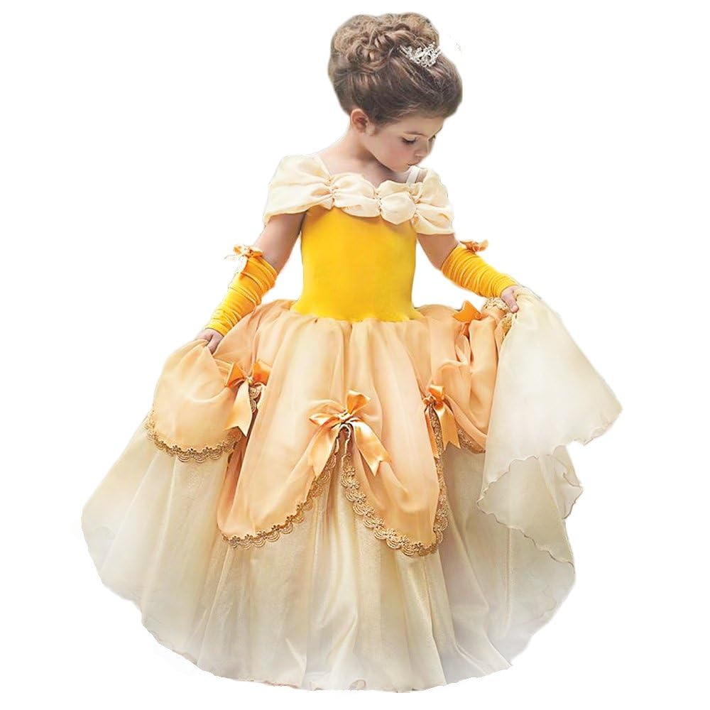 TYHTYM Belle Costumes Dress Up Party Girls Princess Cosplay Halloween Kids Ball Gown 2-13Years Gold