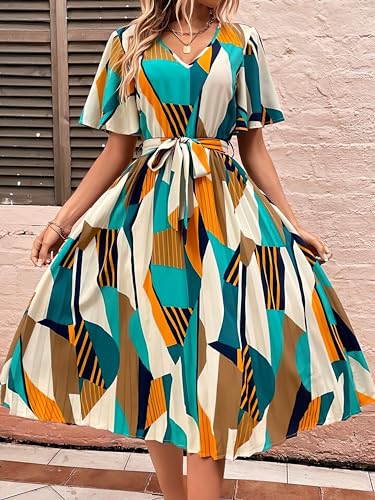 Kzully | Women A-Line Dress With Pleats, Has An V-Neck, Printed Top Comes With A Belt Yellow