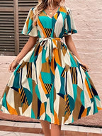 Kzully | Women A-Line Dress With Pleats, Has An V-Neck, Printed Top Comes With A Belt Yellow