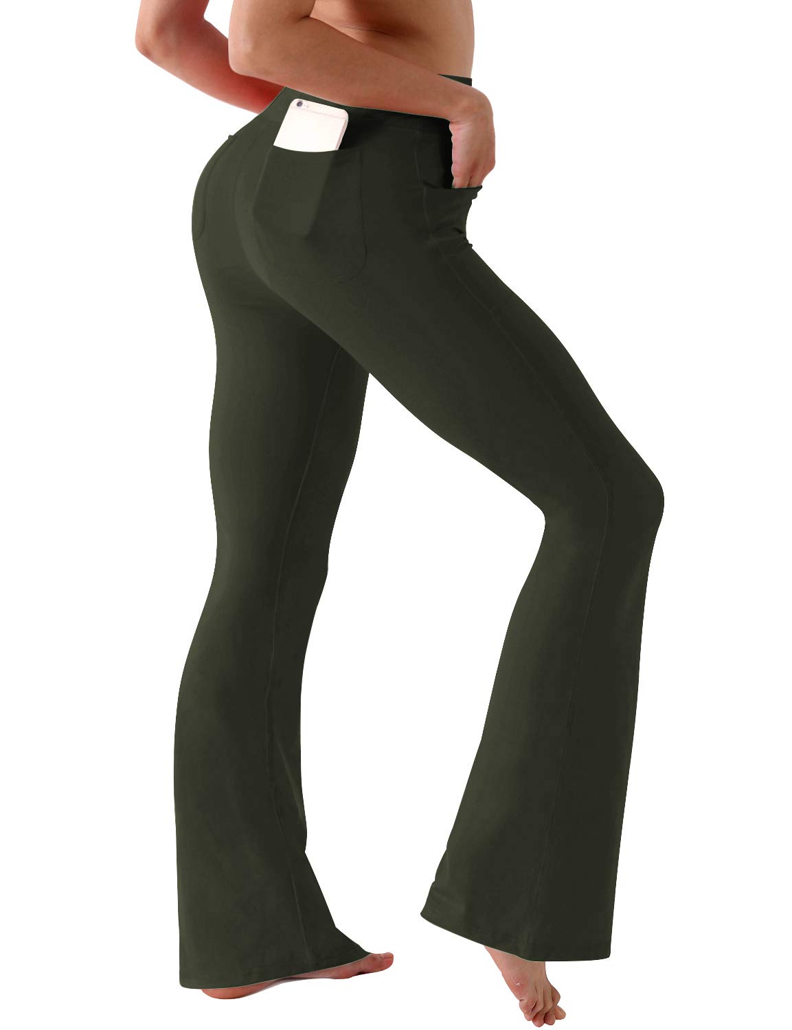 BUBBLELIME 29313335 4 Styles Womens High Waist Bootcut Yoga Pants - Out Pockets_OLIVEgRAY L-31 Inseam