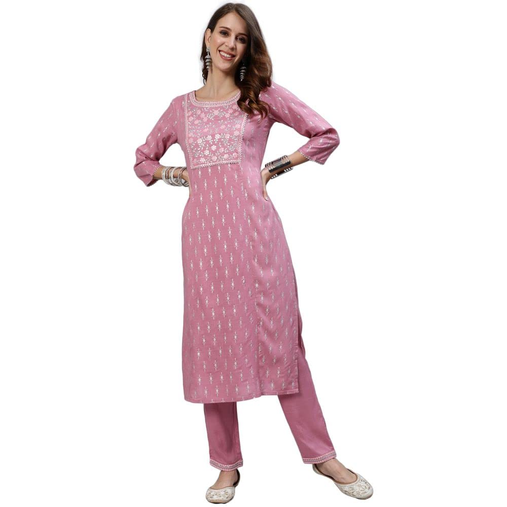 Anubhutee Women'S Rayon Mauve Mirror Work Ethnic Motifs Yoke Design Straight Kurta Suit Set With Pants