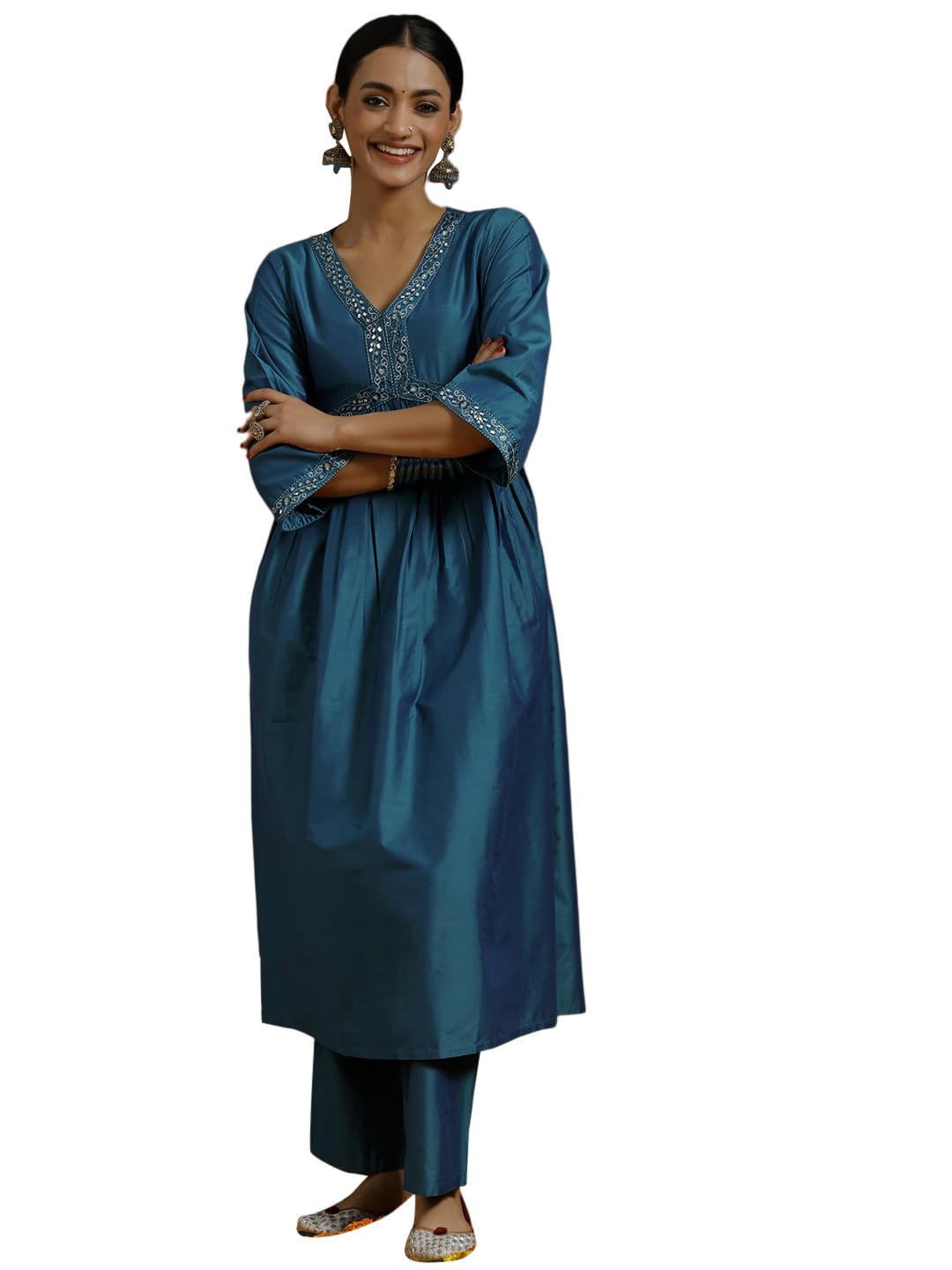 Libas WomenS Silk Blend Flared Calf Length Kurta Sets (35614_Teal