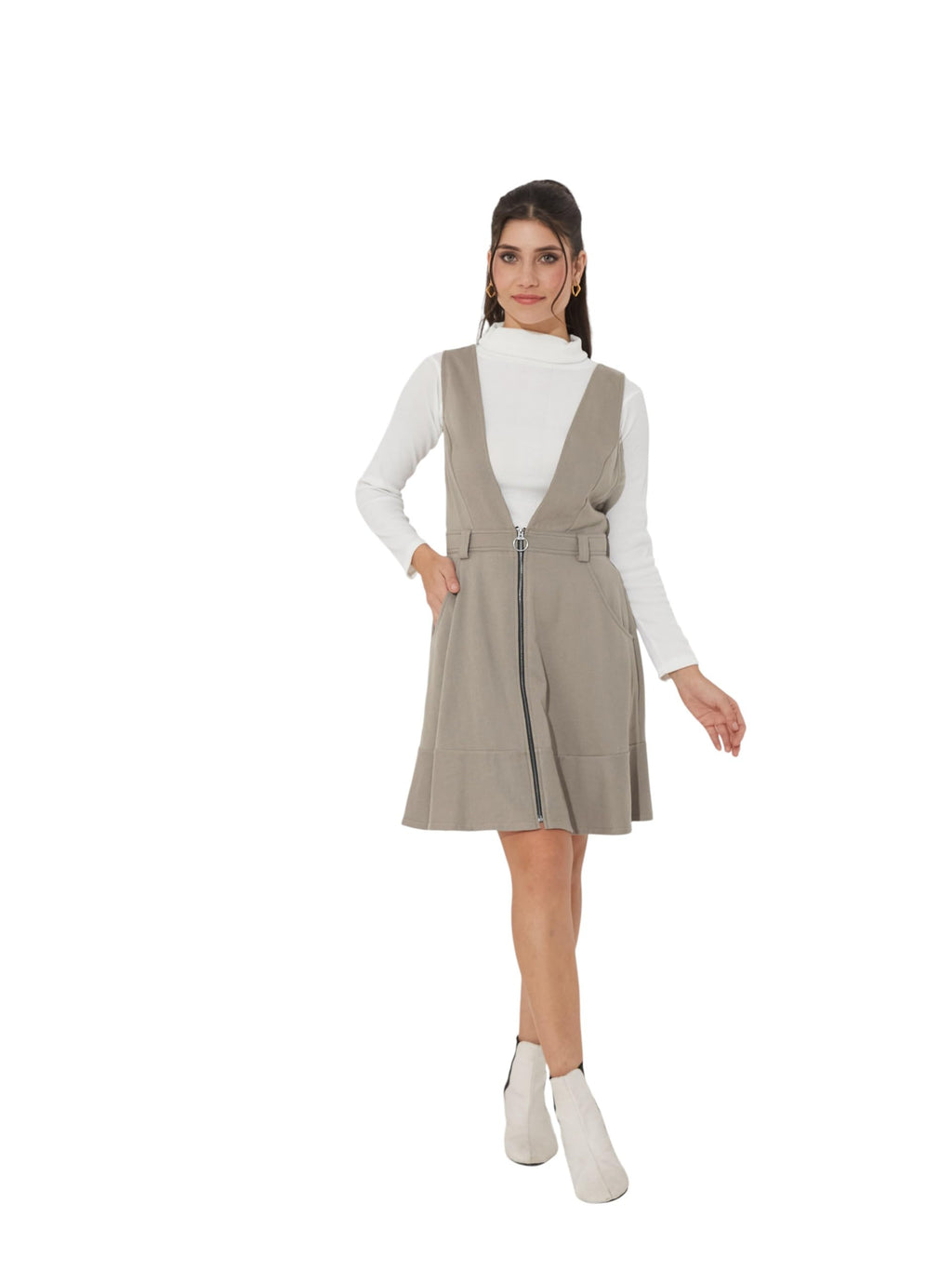 Miss Chase Polyester Pinafore Dress With Zipper Detail And Side Pockets (Mcaw25D16-95-17-04, Grey, M)