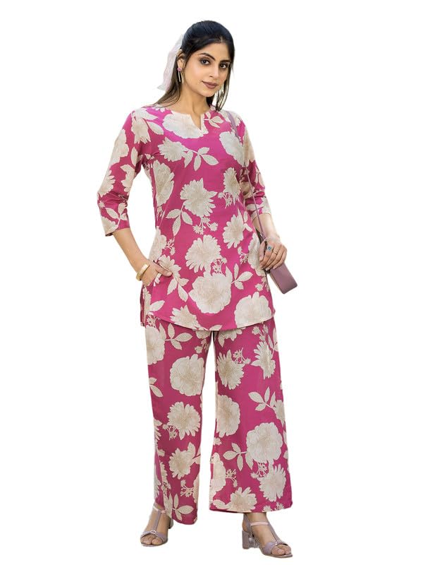 Pinkmint Womens Pure Cotton Co Ord Set L Flower Printed Co Ord Set L Stylish Pocket & 3/4 Sleeve Women Co-Ord Set