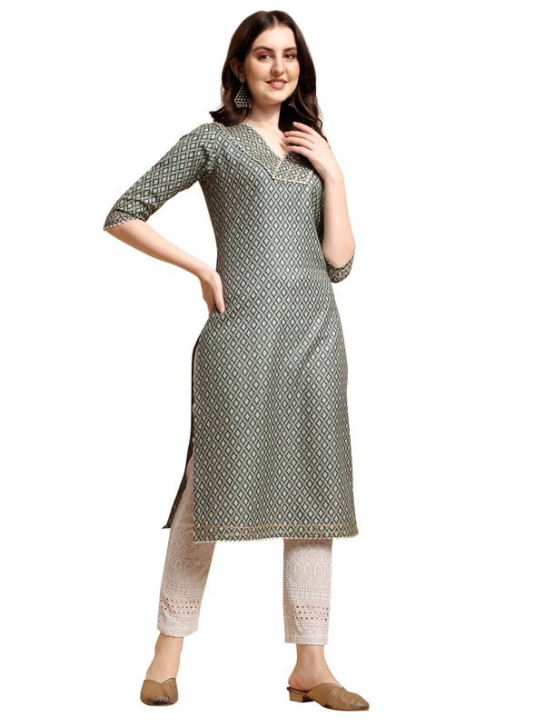 Nainvish Women'S Cotton Blend Straight V-Neck Printed Kurta (Sd418_K-M._Green)