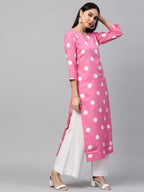 ANNI DESIGNER Womens Crepe Traditional Straight Printed Kurta (Dots-Pink-28_XXL_Pink_XX-Large)