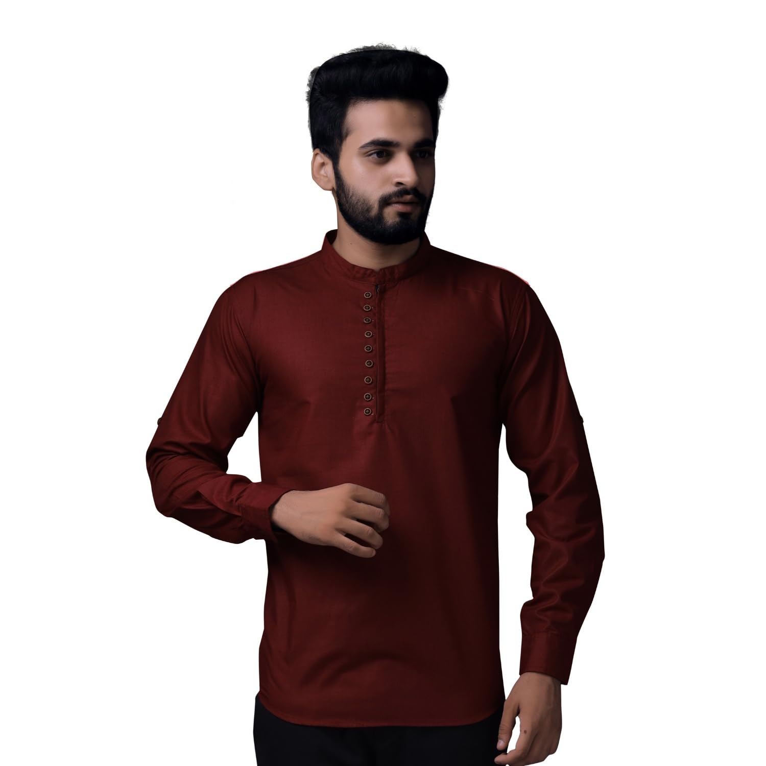 Diverse Men'S Maroon Cotton Classy Collar Kurta Neck Long Sleeve Solid Regular Fit Casual Shirt | Fancy Kurta Style Cotton Shirt