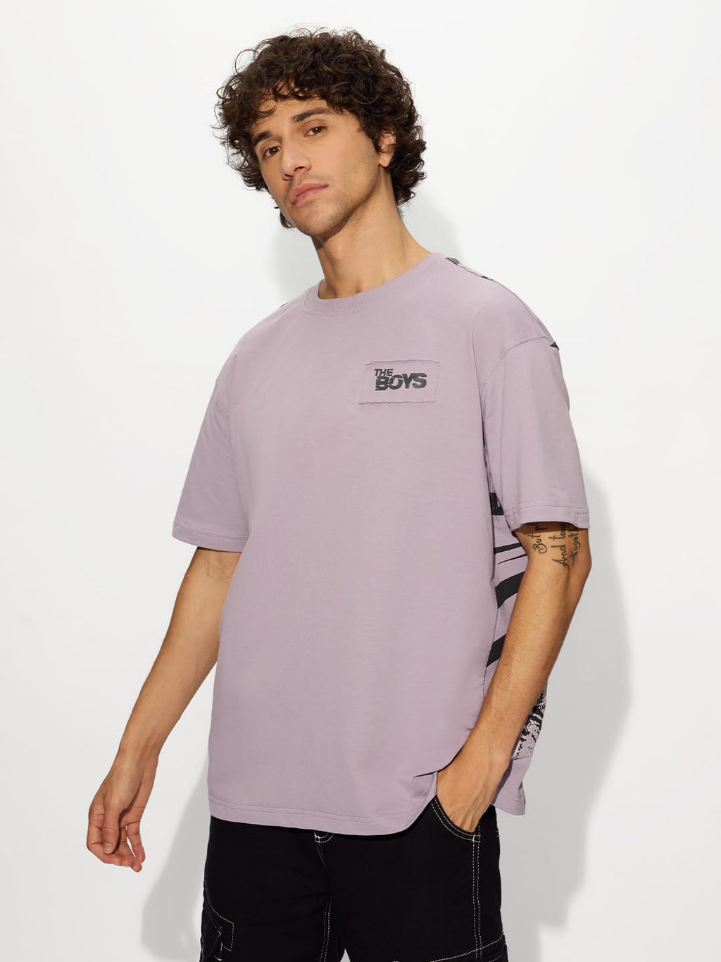 The Souled Store Official The Boys: Soldier Boy Men and Boys Short Sleeves Round Neck Purple Graphic Printed Cotton Oversized T-