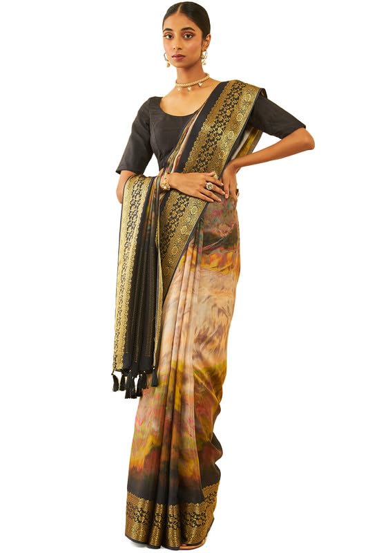 Soch Women Tussar Abstract Print Saree with Tassels