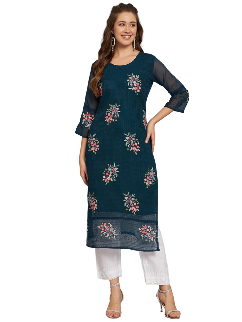 Ekasya WomenS Georgette Straight Cut Round Neck Kurta With Beautiful Floral Embroidery Work - Elegant Design, Comfortable Fit, 