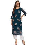 Ekasya WomenS Georgette Straight Cut Round Neck Kurta With Beautiful Floral Embroidery Work - Elegant Design, Comfortable Fit, 