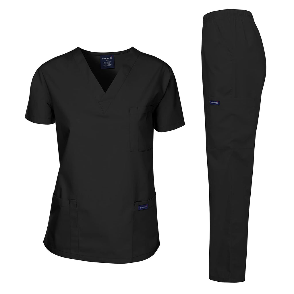 Dagacci Medical Uniform Woman and Man Scrub Set Unisex Medical Scrub Top and Pant, Black, XXL