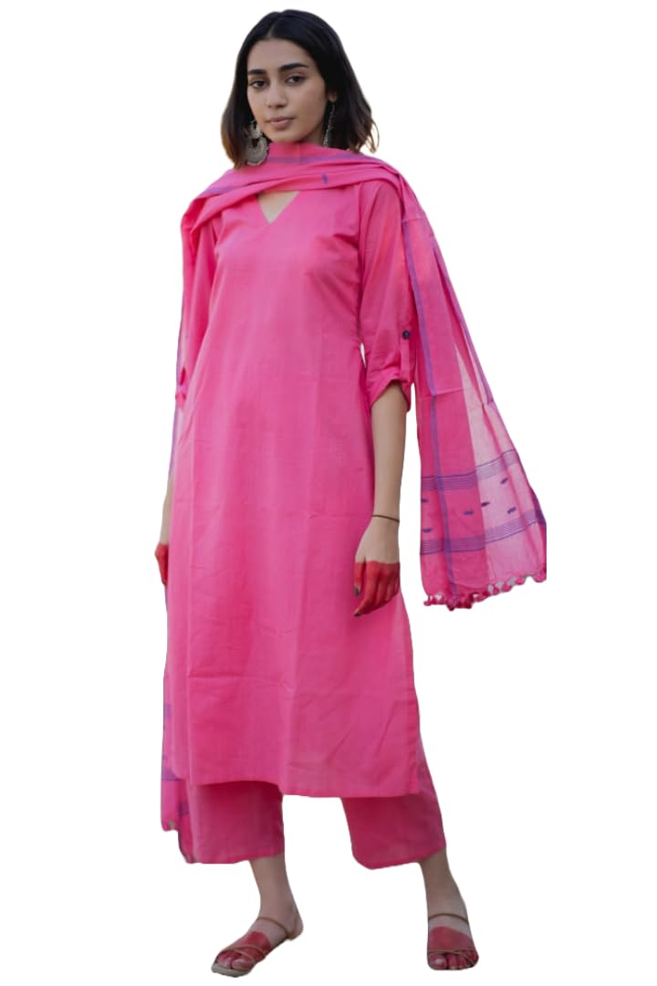 ANNI DESIGNER Womens Rayon Blend Solid Straight Kurta with Pant & Dupatta (JANEU Pink_XL_Pink_X-Large)