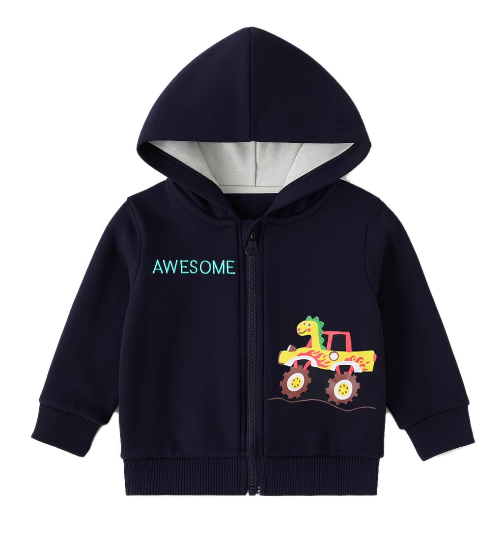 Bold N Elegant Kids Winter Warm Fleece Awesome Dinosaur Print Front Open Zipper Hoodie Sweatshirt for Infant Toddler Baby Boys & 18-24