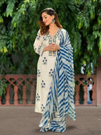 Pinkmint WomenS Hevy Cotton Blend White&Yellow Kurta Set L Stitched Printed Dupatta Set L Stylish Women Festival Dress (Pack Of