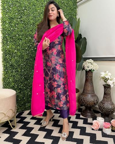 Anni Designer Women'S Cotton Blend Straight Printed Kurta With Pant & Dupatta (Mariyam Blue_Xl_Blue_X-Large)