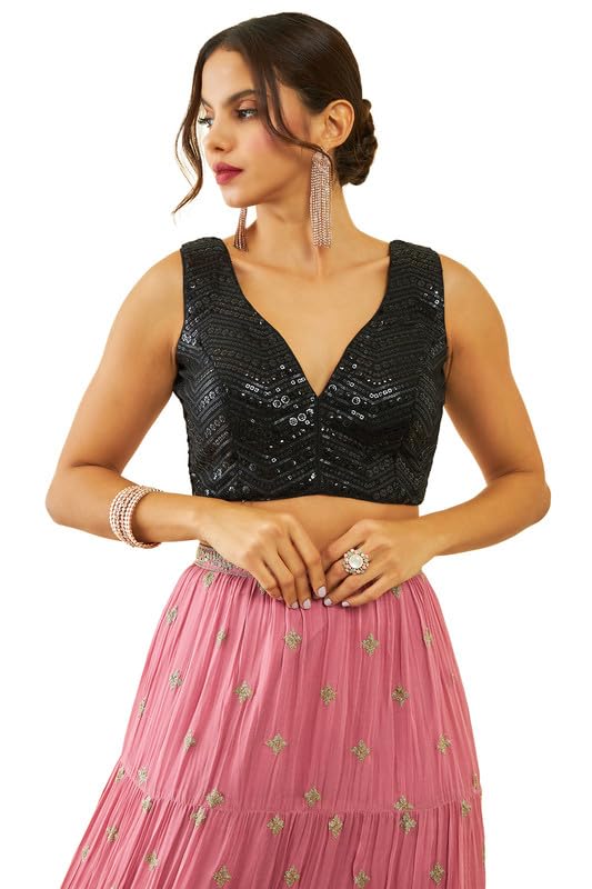 Soch Women Georgette Sequin Embroidered V-Neck Back-Open Sleeveless Blouse