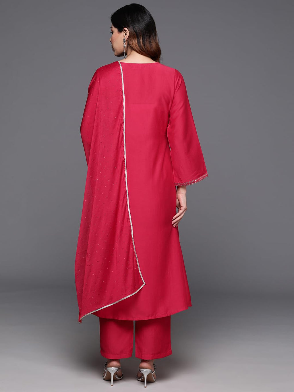 Libas Womens Yoke Design Silk Blend A-Line Kurta With Trousers And Dupatta
