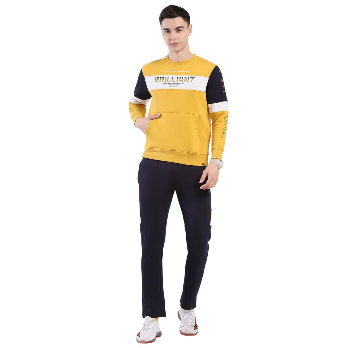Monte Carlo Men Regular Fit Solid Pattern Round Neck Tracksuit Winter Tracksuit Yellow & Navy Blue 2Xl 2