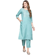 Anubhutee WomenS Cotton Sky Blue Gota Patti Work Solid Straight Kurta Suit Set With Trousers