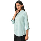 W Light Blue Textured Cotton Shirt-Style Top for Women