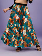 Kzully | Stylish And Beautiful Floral | Floral Pleated Maxi Skirts For Women | Long Skirts Elastic Waist Orange