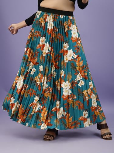 Kzully | Stylish And Beautiful Floral | Floral Pleated Maxi Skirts For Women | Long Skirts Elastic Waist Orange