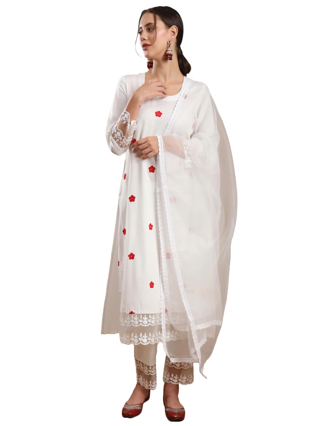 ANNI DESIGNER Womens Cotton Blend Embroidered Straight Kurta with Pant & Dupatta (Motira White_XXL_White_XX-Large)